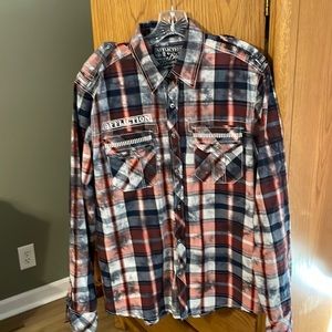 Affliction men's long sleeve casual dress shirt. Red, grey black design. Large